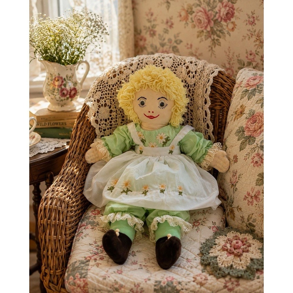 VTG Handmade Cloth Rag Doll 24" Grannycore Folk Art Daisy Green Dress Yarn Hair